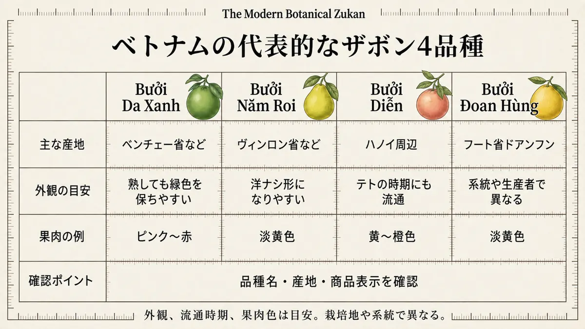 ベトナムの代表的なザボン品種を比較した図