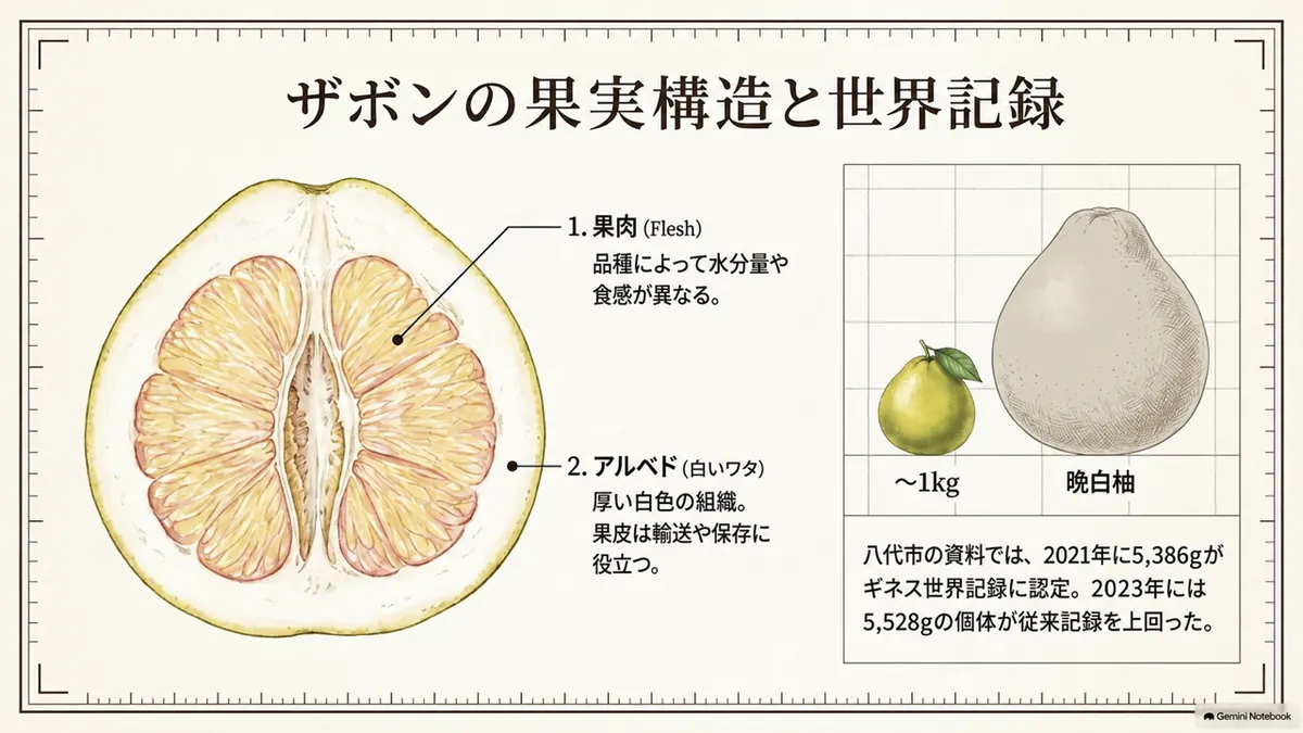 厚い果皮と大きな房を持つザボンの内部構造
