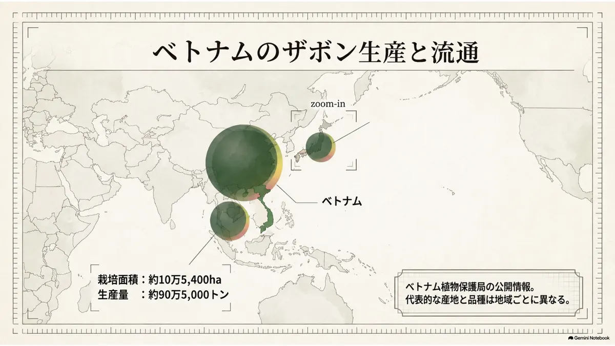 ザボンの主な生産地域と流通を示した地図