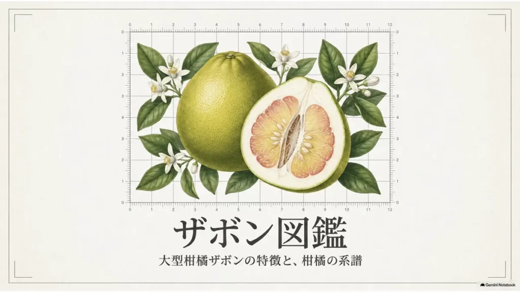 丸ごとのザボンと果肉の断面を描いたザボン図鑑のタイトル画像