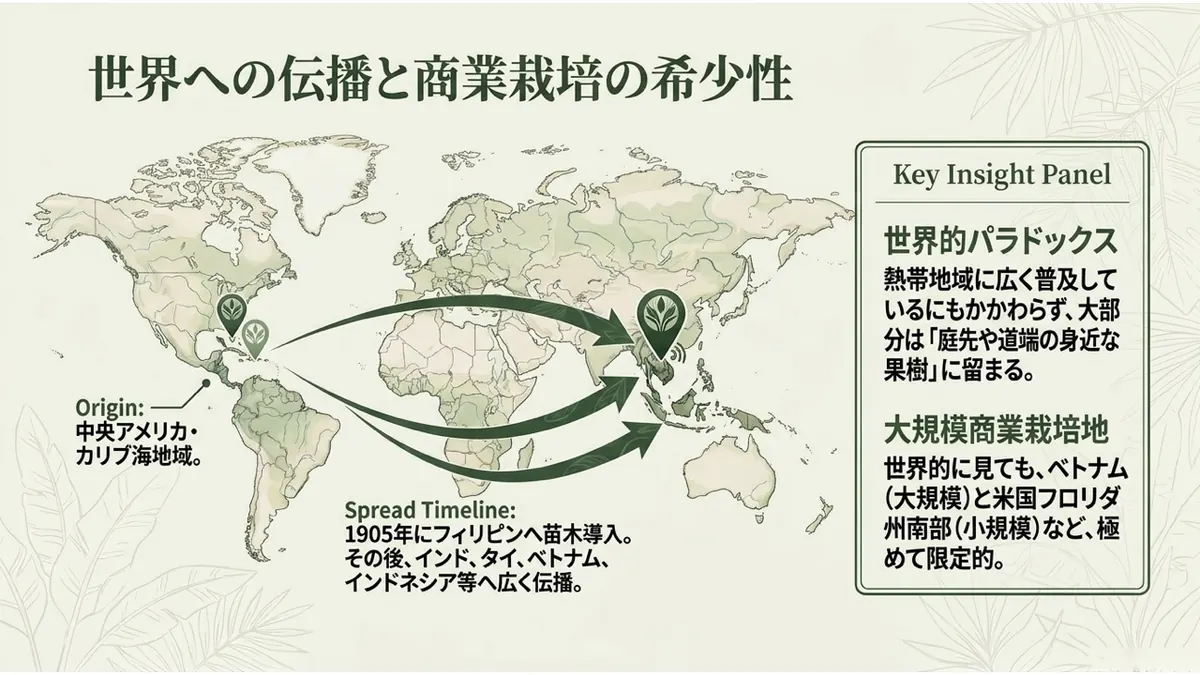 世界への伝播と商業栽培の希少性。Origin:中央アメリカ・カリブ海地域。Spread Timeline:1905年にフィリピンへ苗木導入。その後、インド、タイ、ベトナム、インドネシア等へ広く伝播。世界的パラドックス:熱帯地域に広く普及しているにもかかわらず、大部分は「庭先や道端の身近な果樹」に留まる。大規模商業栽培地:世界的に見ても、ベトナム(大規模)と米国フロリダ州南部(小規模)など、極めて限定的