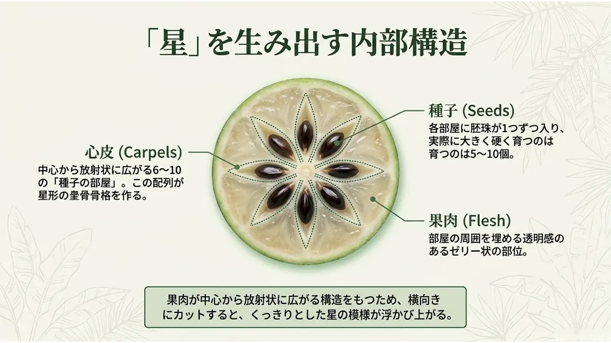 「星」を生み出す内部構造。心皮(Carpels):中心から放射状に広がる6〜10の「種子の部屋」。この配列が星形の骨格を作る。種子(Seeds):各部屋に胚珠が1つずつ入り、実際に大きく硬く育つのは5〜10個。果肉(Flesh):部屋の周囲を埋める透明感のあるゼリー状の部位。果肉が中心から放射状に広がる構造をもつため、横向きにカットすると、くっきりとした星の模様が浮かび上がる