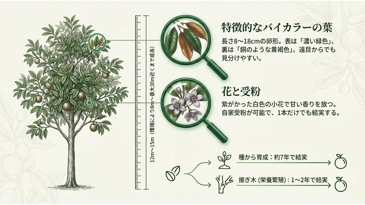 特徴的なバイカラーの葉:長さ8〜18cmの卵形。表は「濃い緑色」、裏は「銅のような黄褐色」。遠目からでも見分けやすい。花と受粉:紫がかった白色の小花で甘い香りを放つ。自家受粉が可能で、1本だけでも結実する。種から育成:約7年で結実。接ぎ木(栄養繁殖):1〜2年で結実。樹高12m〜15m(環境により8m〜最大30m近くまで成長)