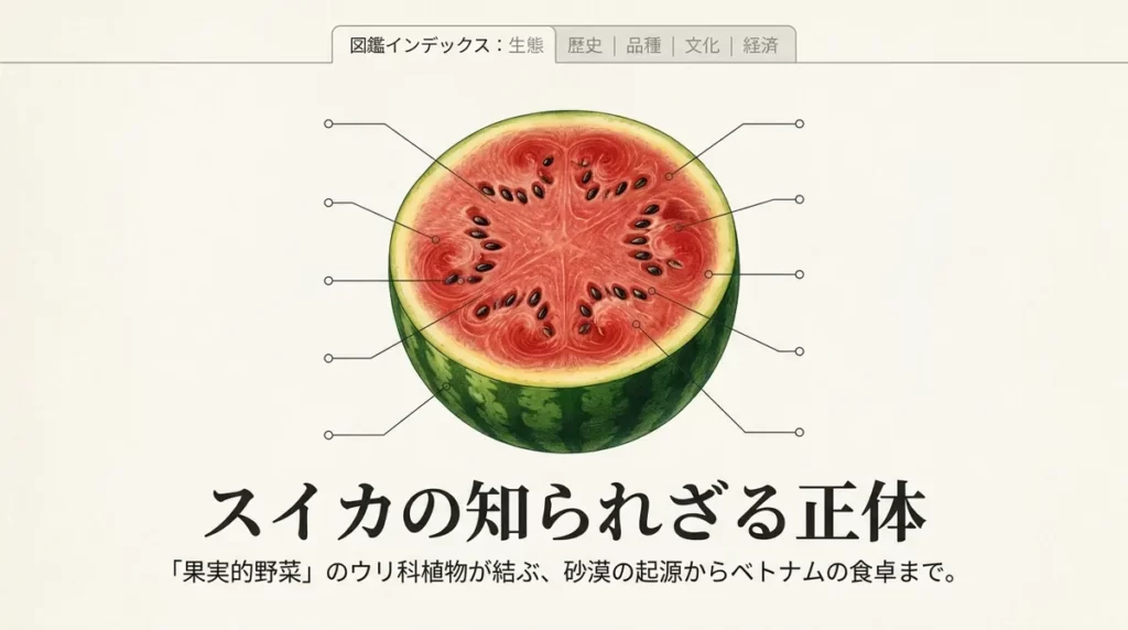 スイカの断面図に生態上のポイントを示した「スイカの知られざる正体」というタイトル画像