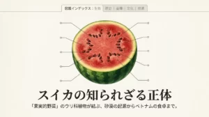 スイカの断面図に生態上のポイントを示した「スイカの知られざる正体」というタイトル画像