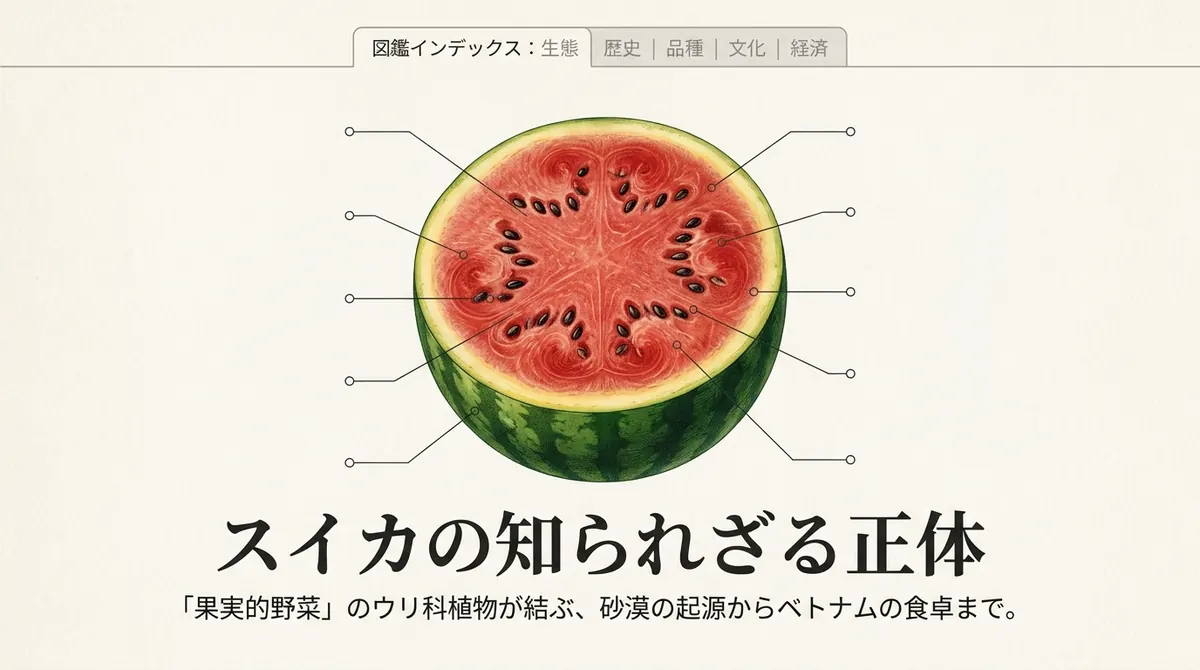 スイカの断面図に生態上のポイントを示した「スイカの知られざる正体」というタイトル画像