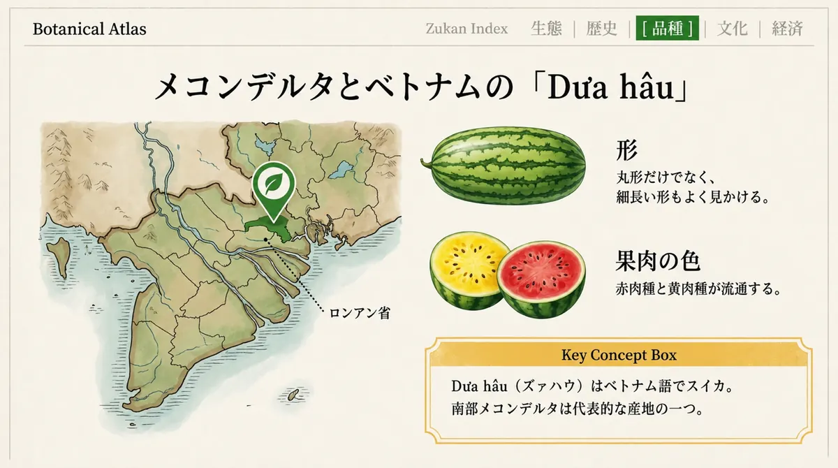 ベトナムの地図と、細長い果形の品種、黄肉スイカ、赤肉スイカの例を示した図