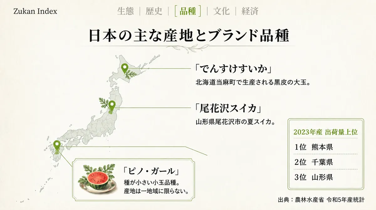 日本地図上に、北海道当麻町のでんすけすいか、山形県尾花沢市の尾花沢スイカ、主産地の熊本県と千葉県を示した図
