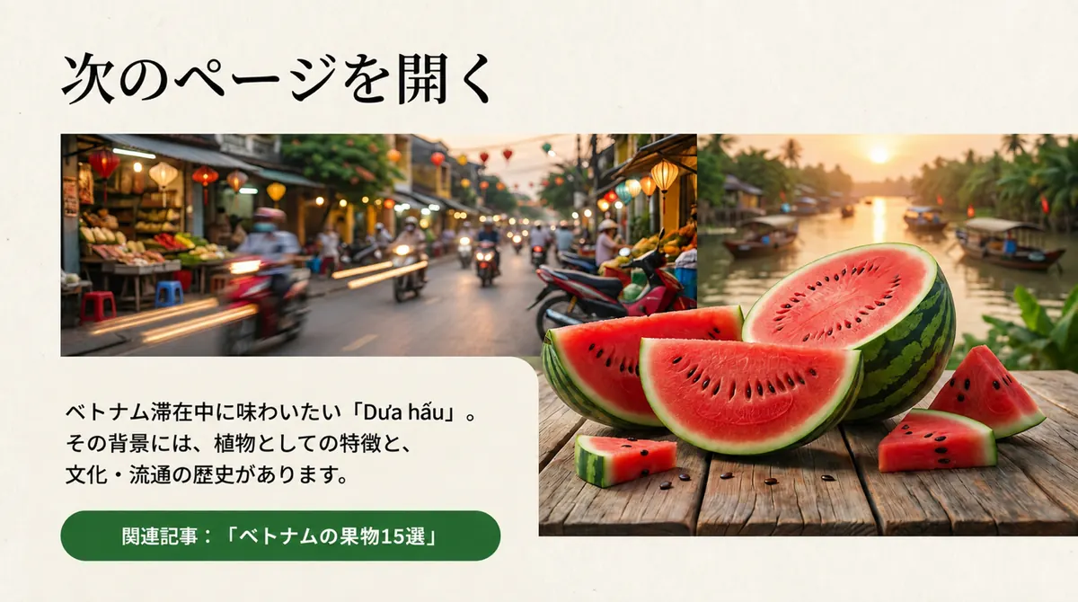 ベトナムの街並みと皿に盛られた赤いスイカを並べた、記事の結びの画像
