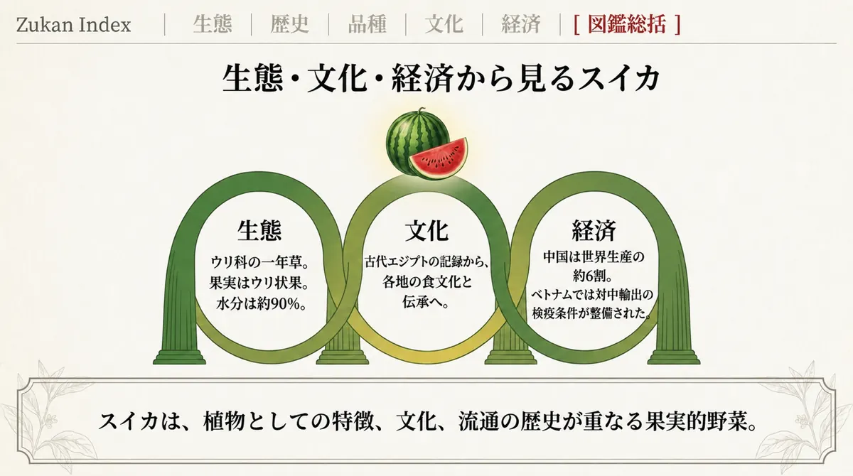 植物としての特徴、食文化、流通と検疫という3つの視点からスイカをまとめた総括図