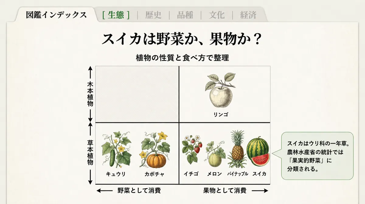 植物学上はウリ科の果実、農業統計上は果実的野菜、食文化上は果物として扱われるスイカの分類を示した図