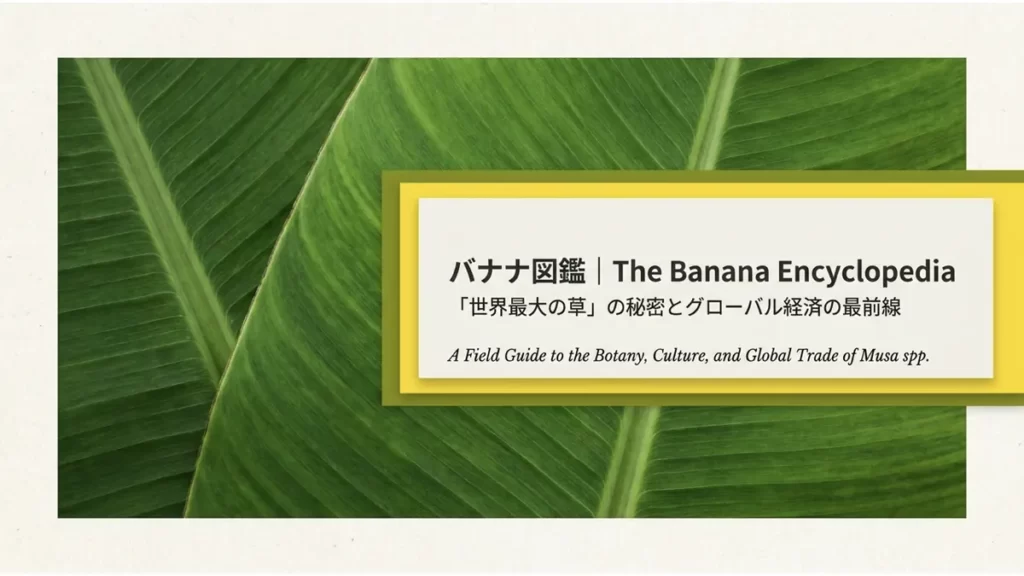 青々としたバナナの葉を背景に「バナナ図鑑｜The Banana Encyclopedia『世界最大の草』の秘密とグローバル経済の最前線」というタイトル
