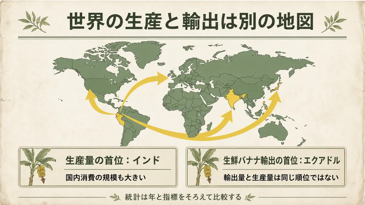 世界地図とともに、生産量首位はインド、生鮮バナナ輸出首位はエクアドルと示し、生産量と輸出量の順位は異なると説明した図