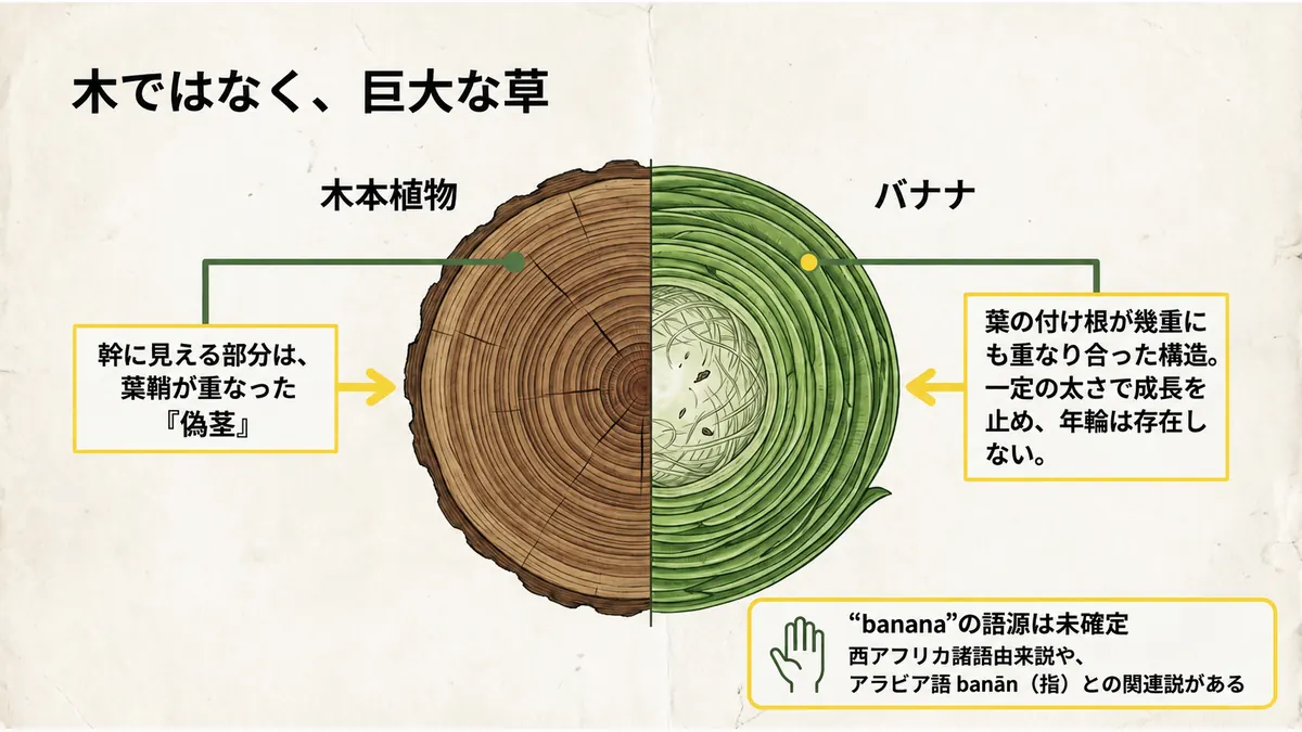 木本植物とバナナの断面を比べ、幹に見える部分が葉鞘の重なった偽茎であることと、bananaの語源が未確定であることを示した図
