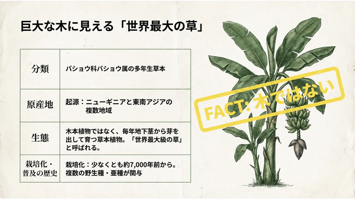 バナナの分類・起源・生態・栽培化をまとめた表と、バナナ植物のイラスト。起源はニューギニアと東南アジアの複数地域と示す
