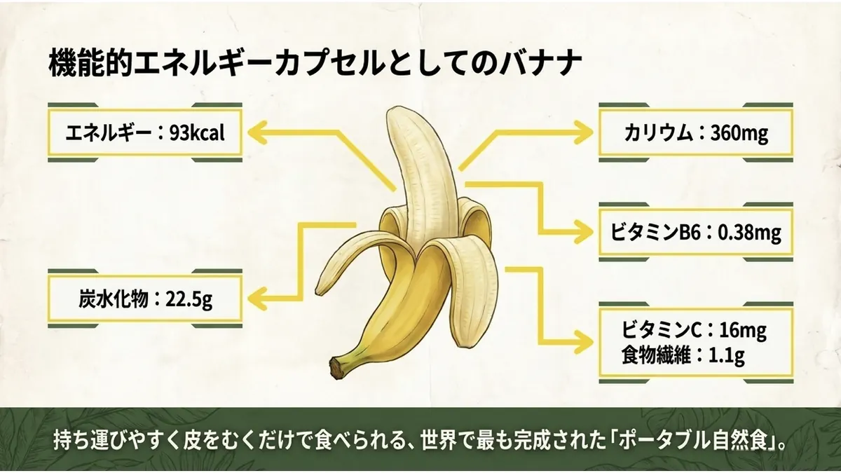 皮をむいたバナナのイラストを中心に、エネルギー93kcal・炭水化物22.5g・カリウム360mg・ビタミンB6 0.38mg・ビタミンC16mg・食物繊維1.1gを吹き出しで示した図