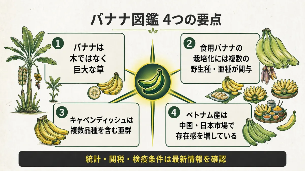バナナ図鑑の要点として、巨大な草、複雑な栽培化、キャベンディッシュ亜群、ベトナム産の市場での存在感という4項目をまとめた図