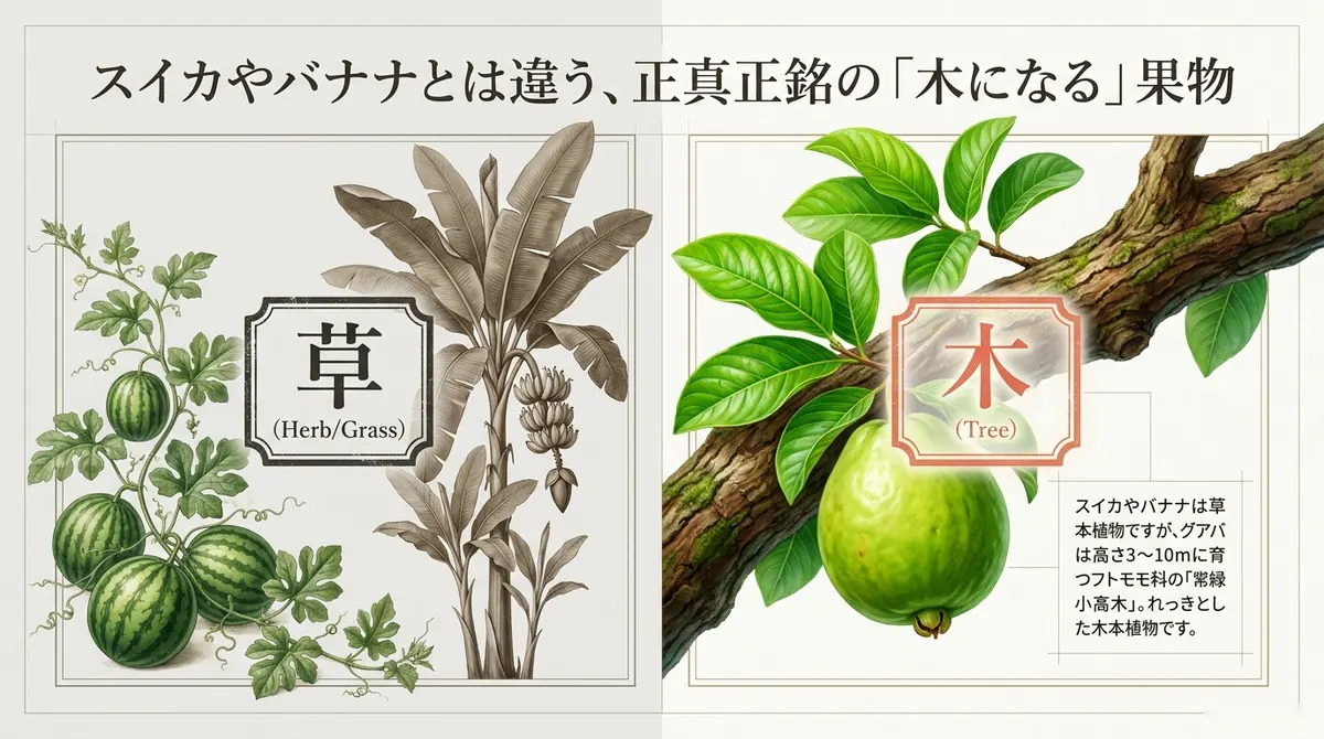 左側にスイカのつるとバナナの木を「草(Herb/Grass)」として並べ、右側に枝から実がなるグアバを「木(Tree)」として対比させた図。スイカやバナナは草本植物だが、グアバは高さ3〜10mに育つフトモモ科の常緑小高木であるという説明が添えられている