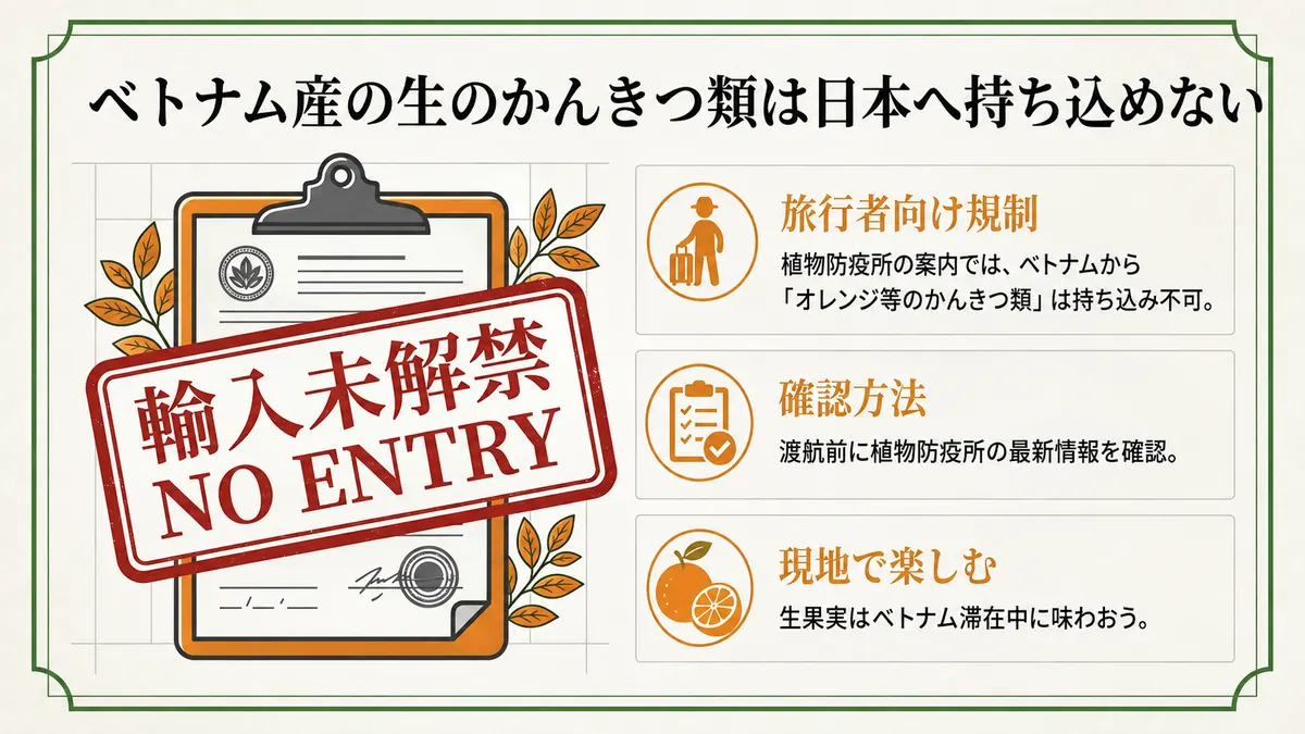 飛行機と柑橘に禁止マークを重ね、ベトナム産の生の柑橘類を旅行者が日本へ持ち込めないことを示した図