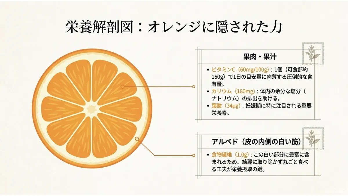 オレンジの断面図に、果肉・果汁のビタミンC・カリウム・葉酸と、皮の内側の白い筋(アルベド)に含まれる食物繊維を吹き出しで示した「栄養解剖図」