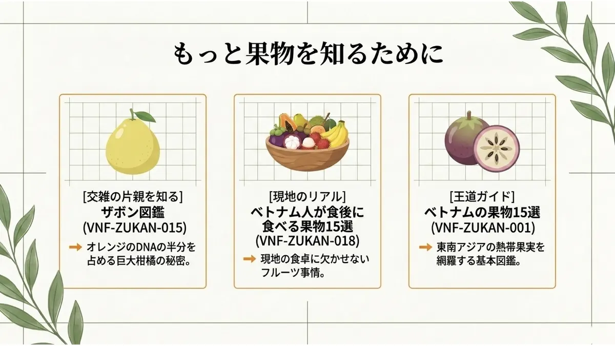 ザボン図鑑・ベトナム人が食後に食べる果物15選・ベトナムの果物15選の3つの関連記事を、それぞれのアイキャッチイラストとともに紹介した「もっと果物を知るために」という案内画像