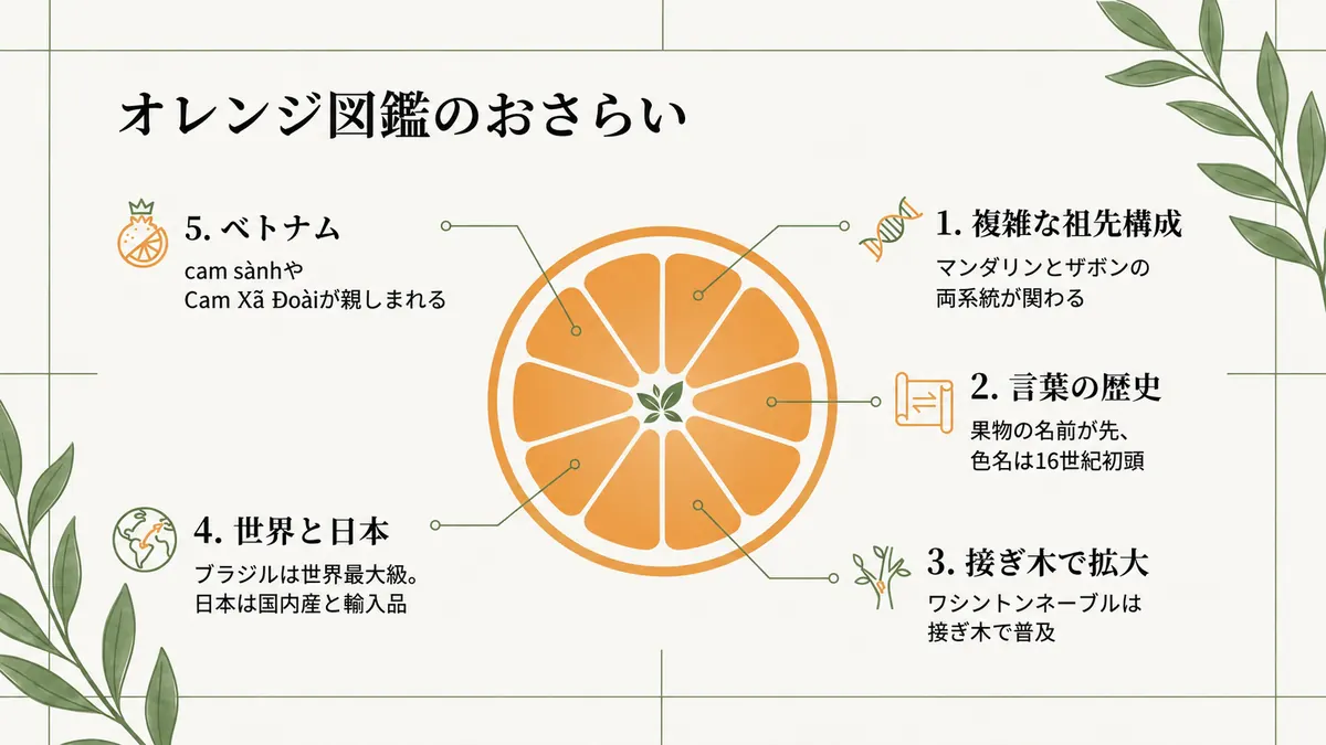 輪切りのオレンジを中心に、複雑な交雑史、名前の由来、ネーブルの栄養繁殖、世界生産、日本での流通、ベトナムの品種をまとめた図