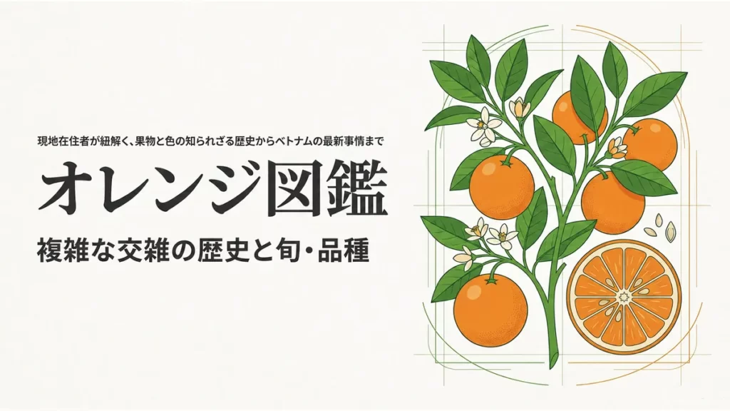 枝付きのオレンジと断面図を描き、「オレンジ図鑑 複雑な交雑の歴史と旬・品種」と示したタイトル画像