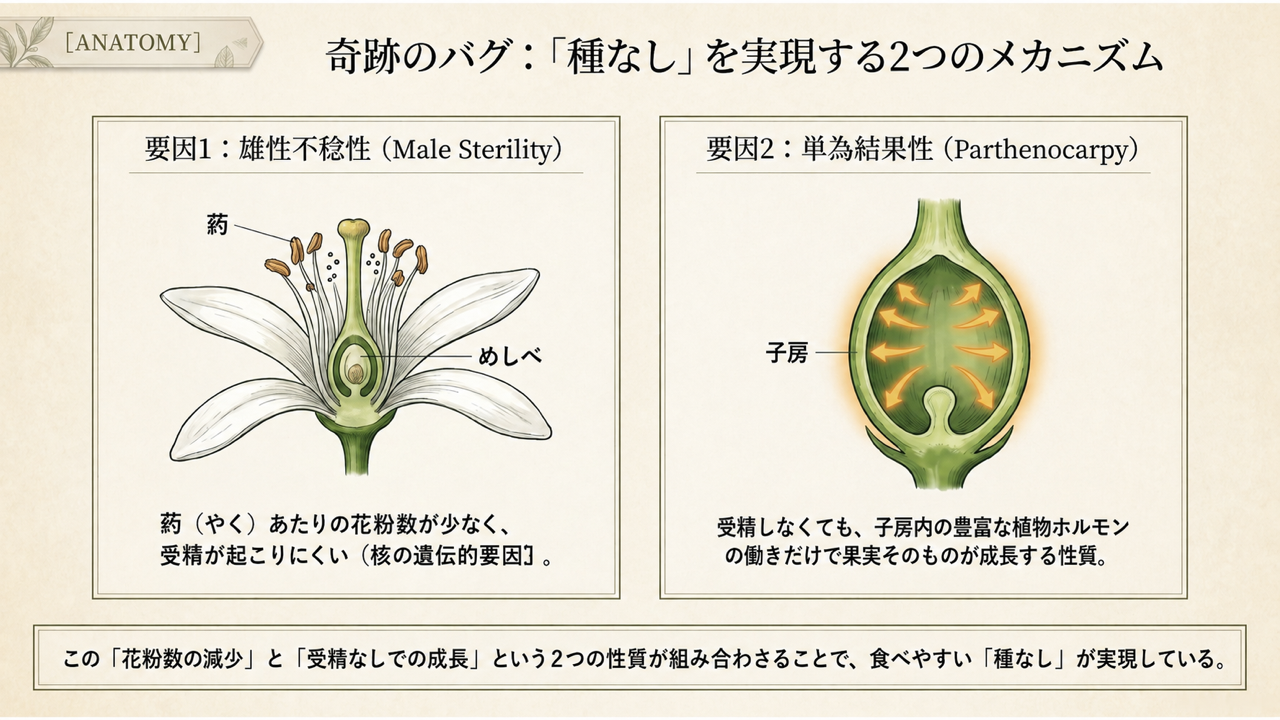 花の断面図で葯あたりの花粉数が少ない「雄性不稔性」と、子房内の植物ホルモンの働きで受精なしに果実が成長する「単為結果性」の2つのメカニズムを示した「奇跡のバグ:『種なし』を実現する2つのメカニズム」の図