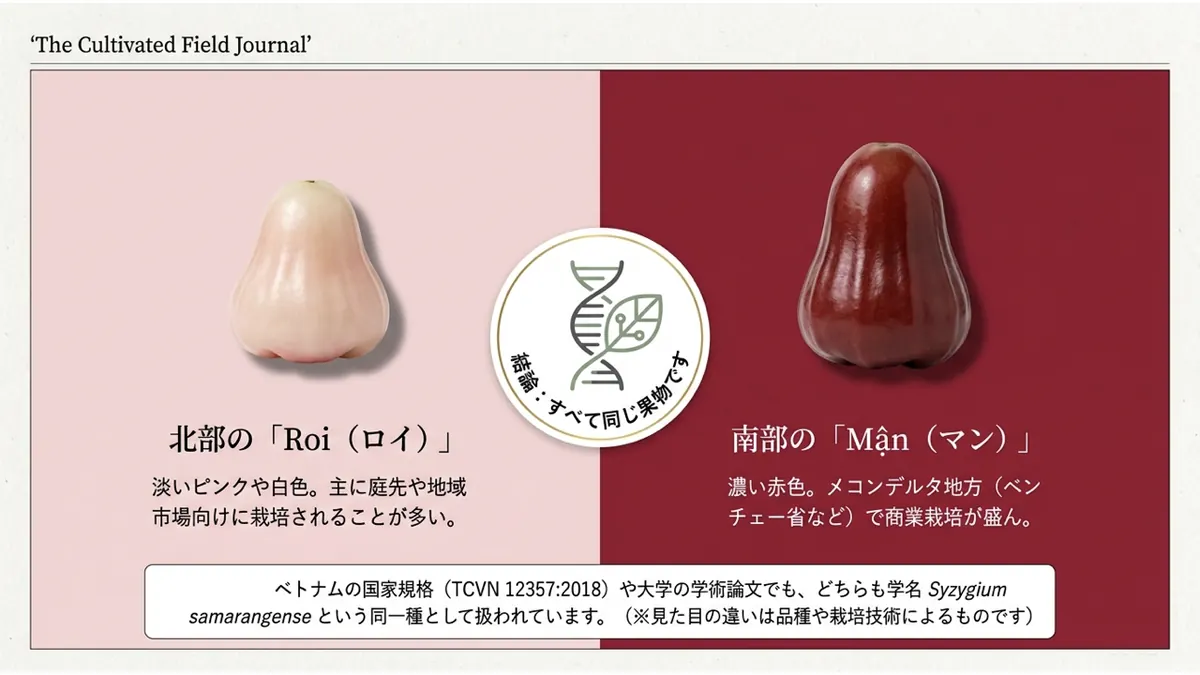 淡いピンク色の北部産Roiと濃い赤色の南部産Mậnを左右に並べ、中央に「結論:すべて同じ果物です」の印を配した比較図。下部にベトナムの国家規格TCVN 12357:2018や大学の学術論文でも同じ学名Syzygium samarangenseとして扱われている旨の注記