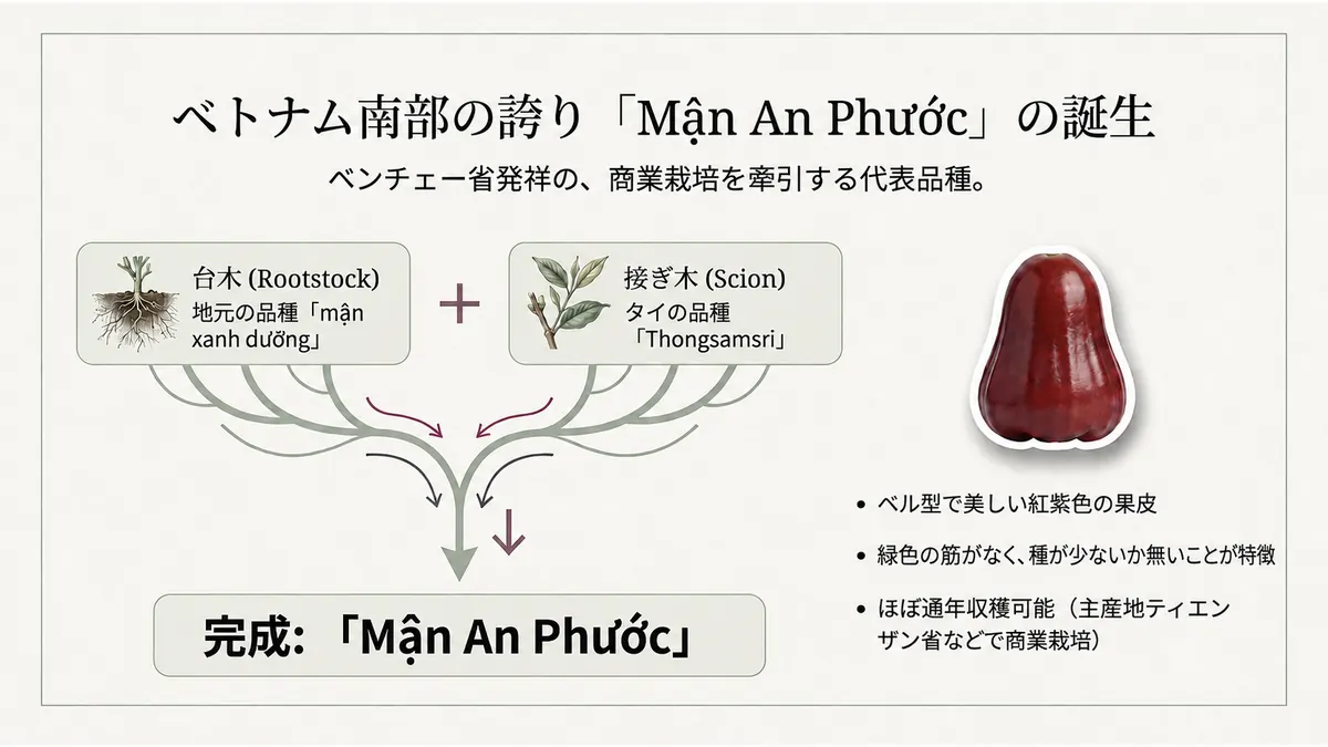 地元品種「mận xanh đường」の台木にタイの品種「Thongsamsri」を接ぎ木してMận An Phướcが生まれた経緯を示す図と、紅紫色のベル型果実の写真