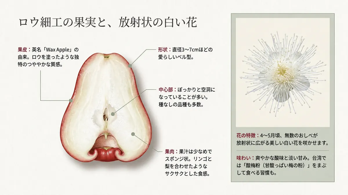レンブの断面図に果皮・形状・中心部の空洞・果肉の特徴を注記した解剖図と、無数のおしべが放射状に広がる白い花の写真