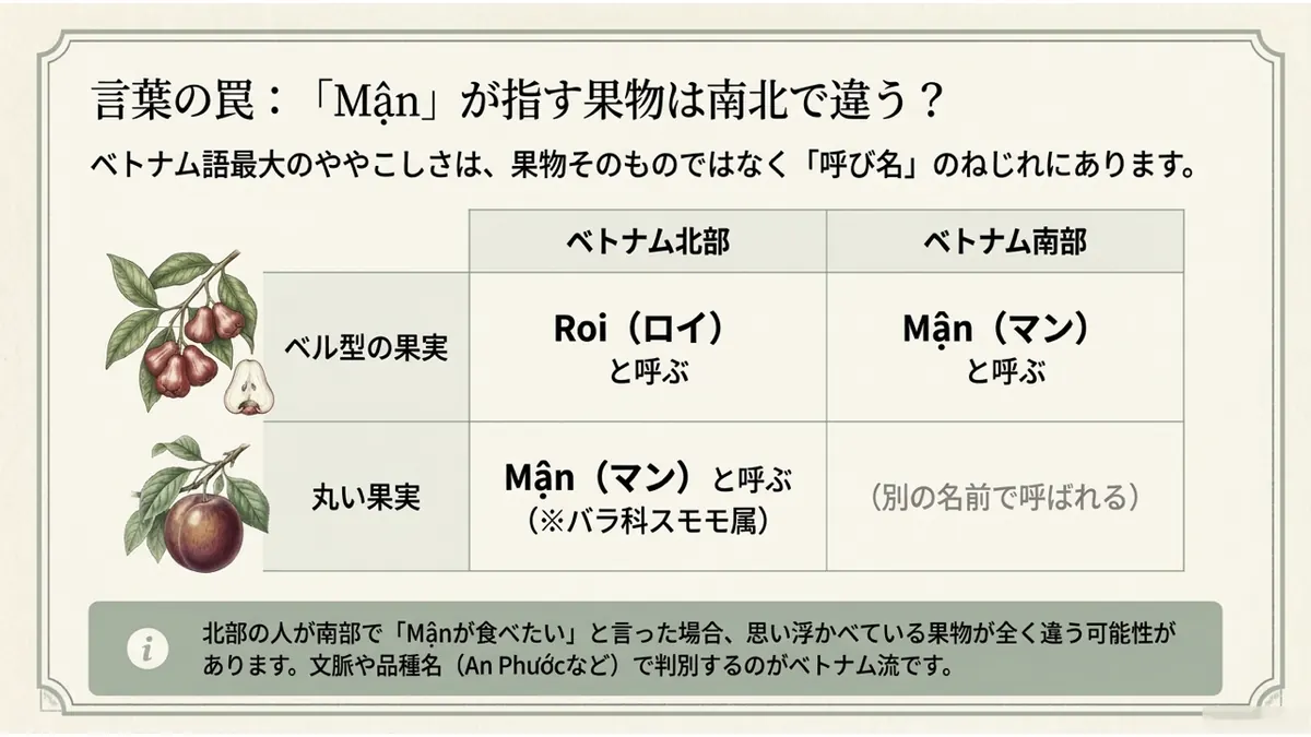 ベトナム北部と南部で「Mận」が指す果物を比較した表。ベル型の果実は北部でRoi、南部でMậnと呼ばれ、丸い果実は北部でMận(バラ科スモモ属)と呼ばれることを示す