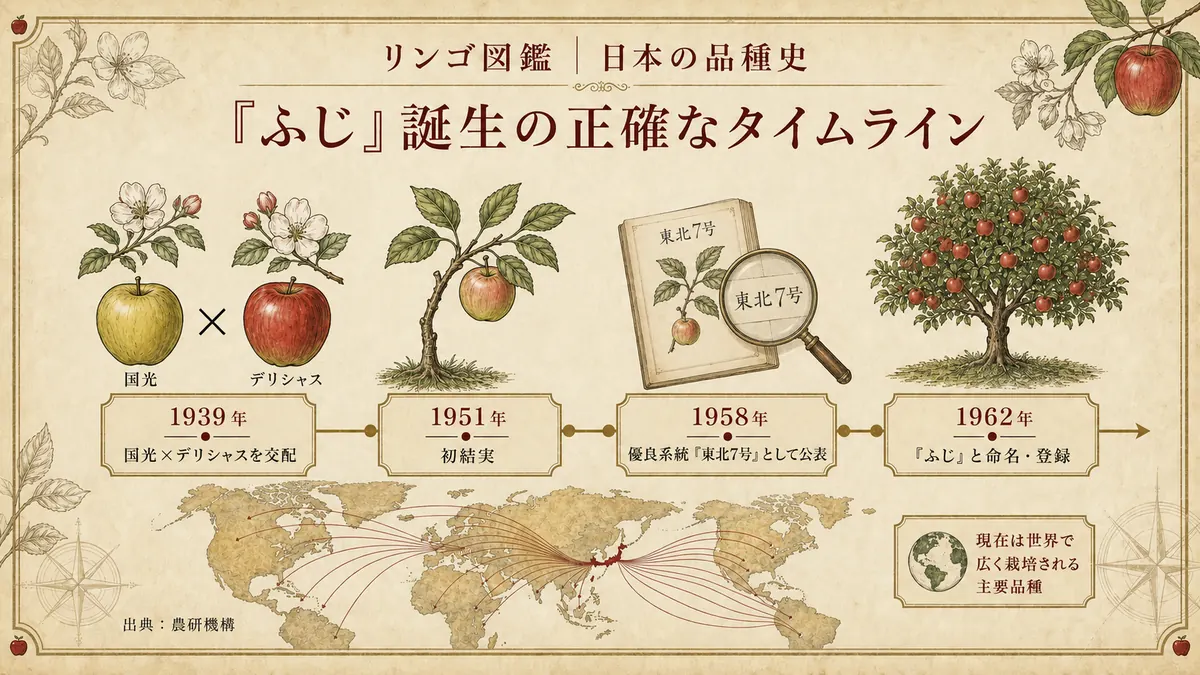 「ふじ」誕生までの育成年表。交配から命名までの4つの節目