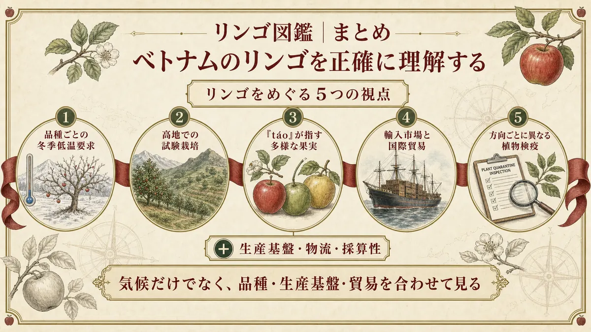 記事のまとめ図。ベトナムのリンゴを理解する5つの視点