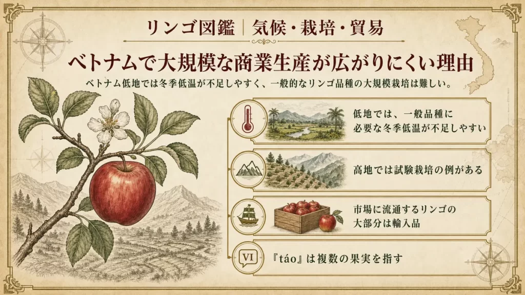 リンゴ図鑑の表紙イラスト。ベトナムで大規模栽培が難しい理由を示す4つのポイント