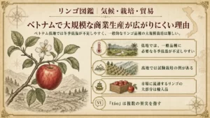 リンゴ図鑑の表紙イラスト。ベトナムで大規模栽培が難しい理由を示す4つのポイント