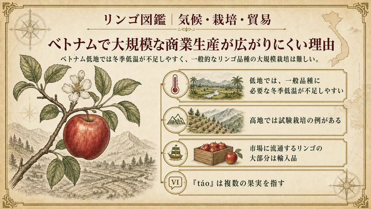 リンゴ図鑑の表紙イラスト。ベトナムで大規模栽培が難しい理由を示す4つのポイント