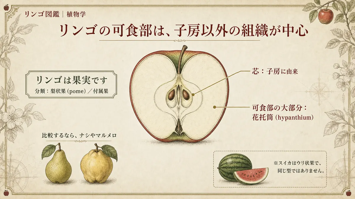 リンゴの断面図。可食部が子房でなく花托由来であることを示す解剖図