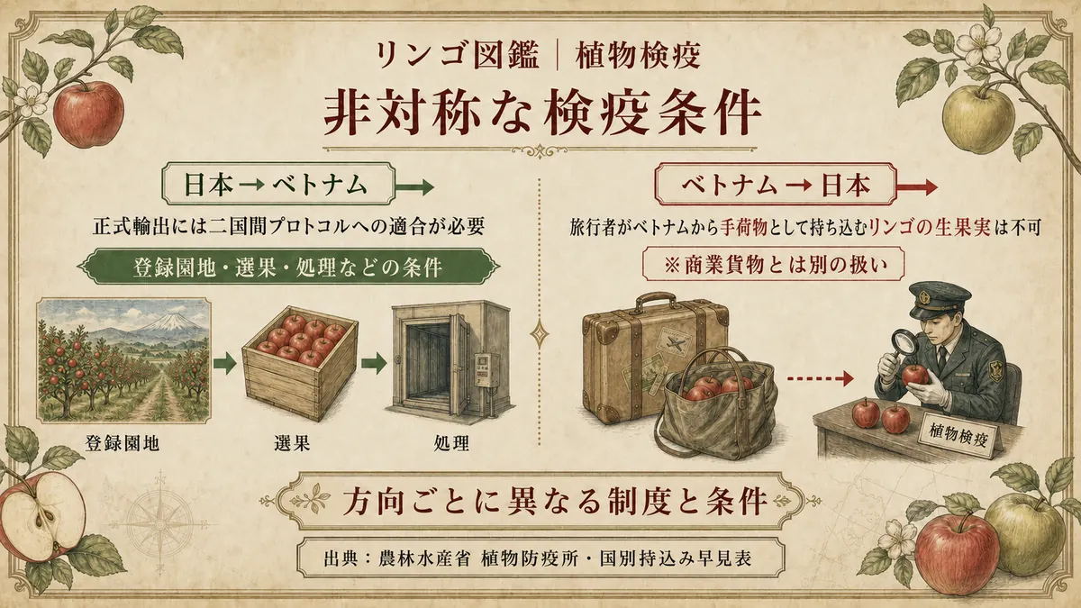 日本↔ベトナム間のリンゴの検疫条件が方向によって異なることを示す図