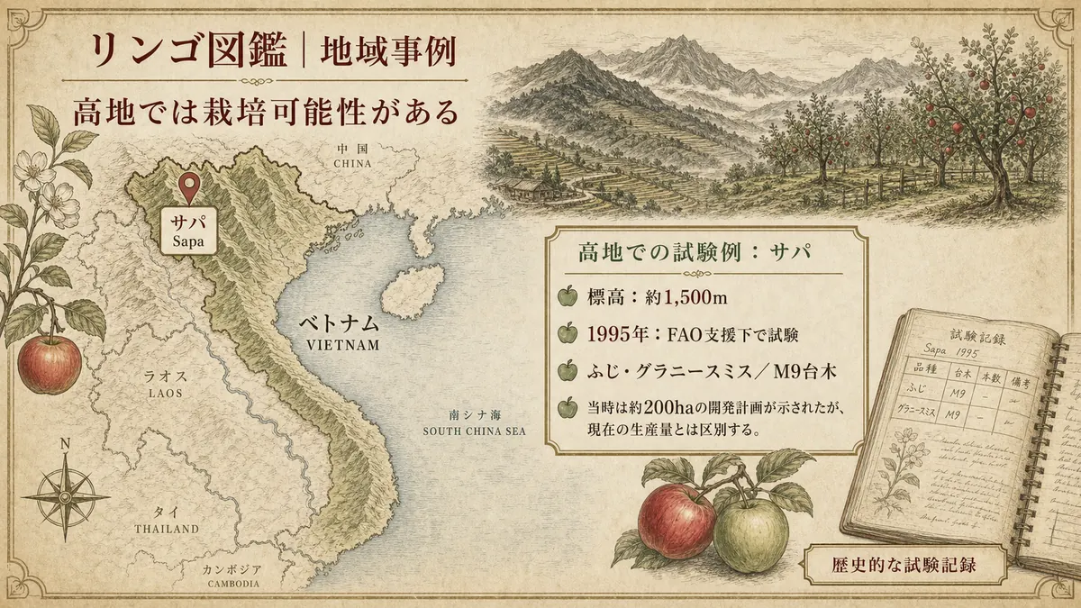 ベトナム北部サパでのリンゴ試験栽培を示す地図と写真