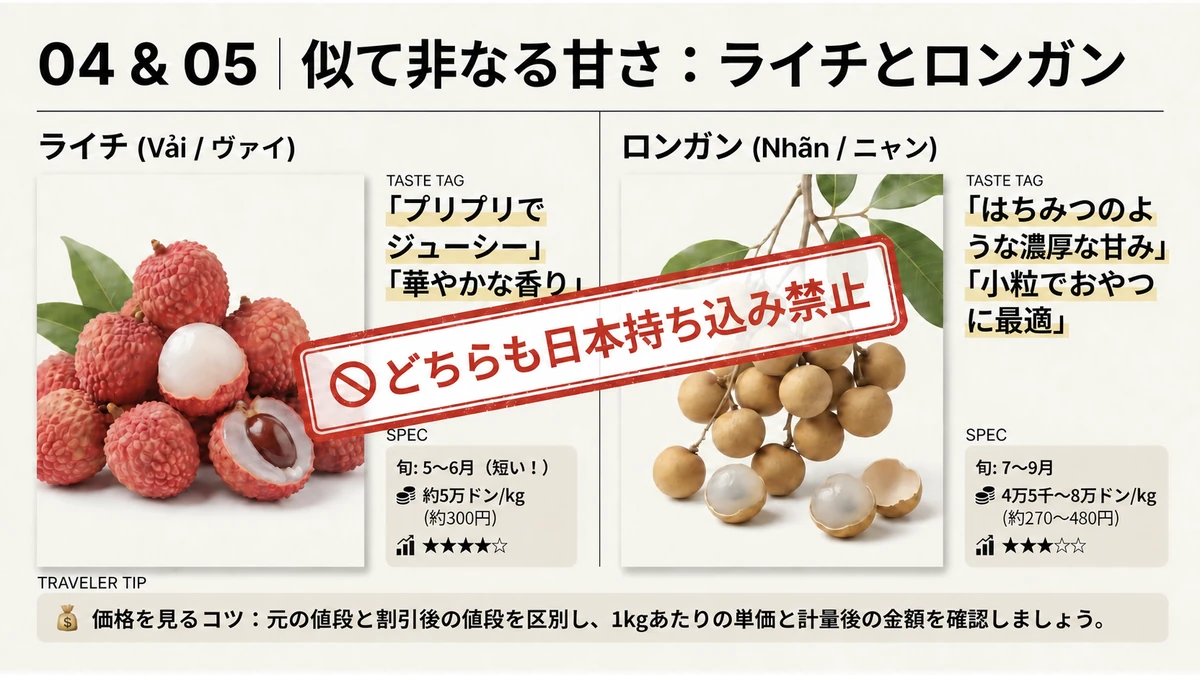 ベトナムのライチとロンガンの旬、価格、味わいを比較する図