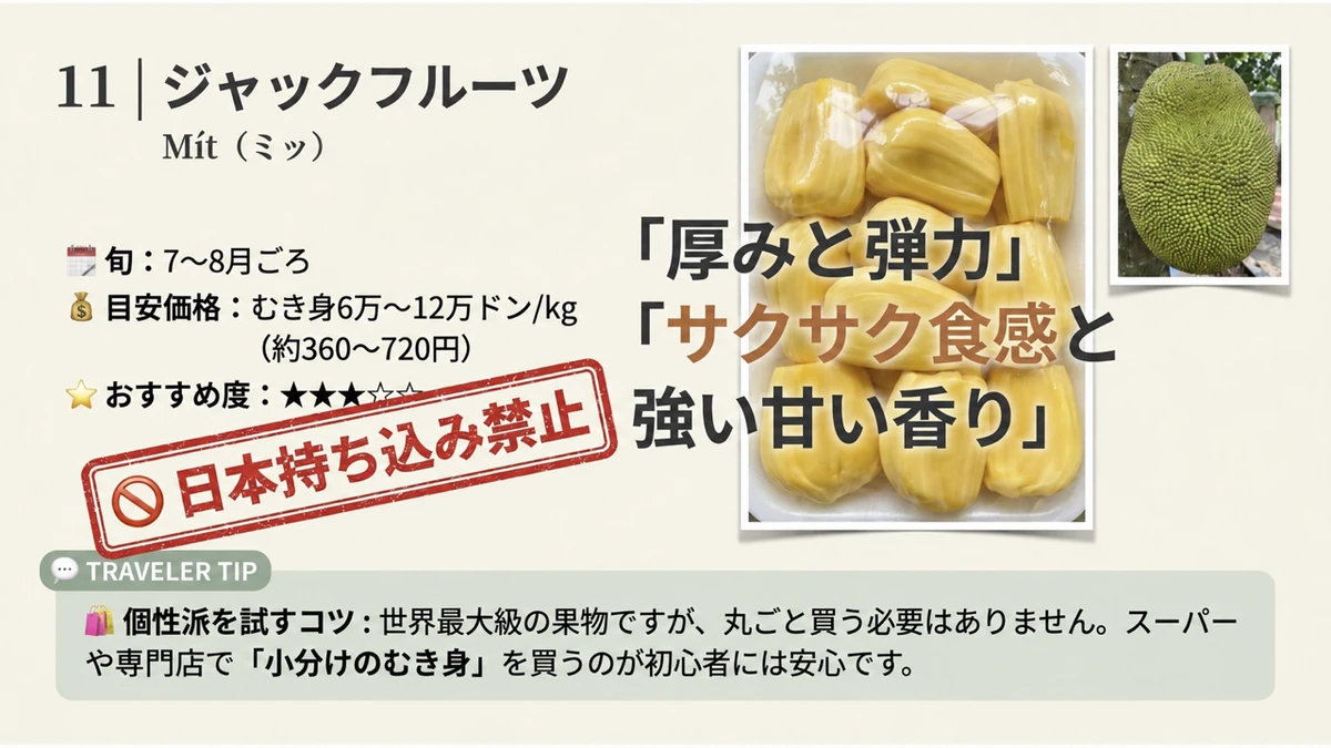 ベトナムのジャックフルーツの旬、価格、おすすめ度、味わいを紹介する図