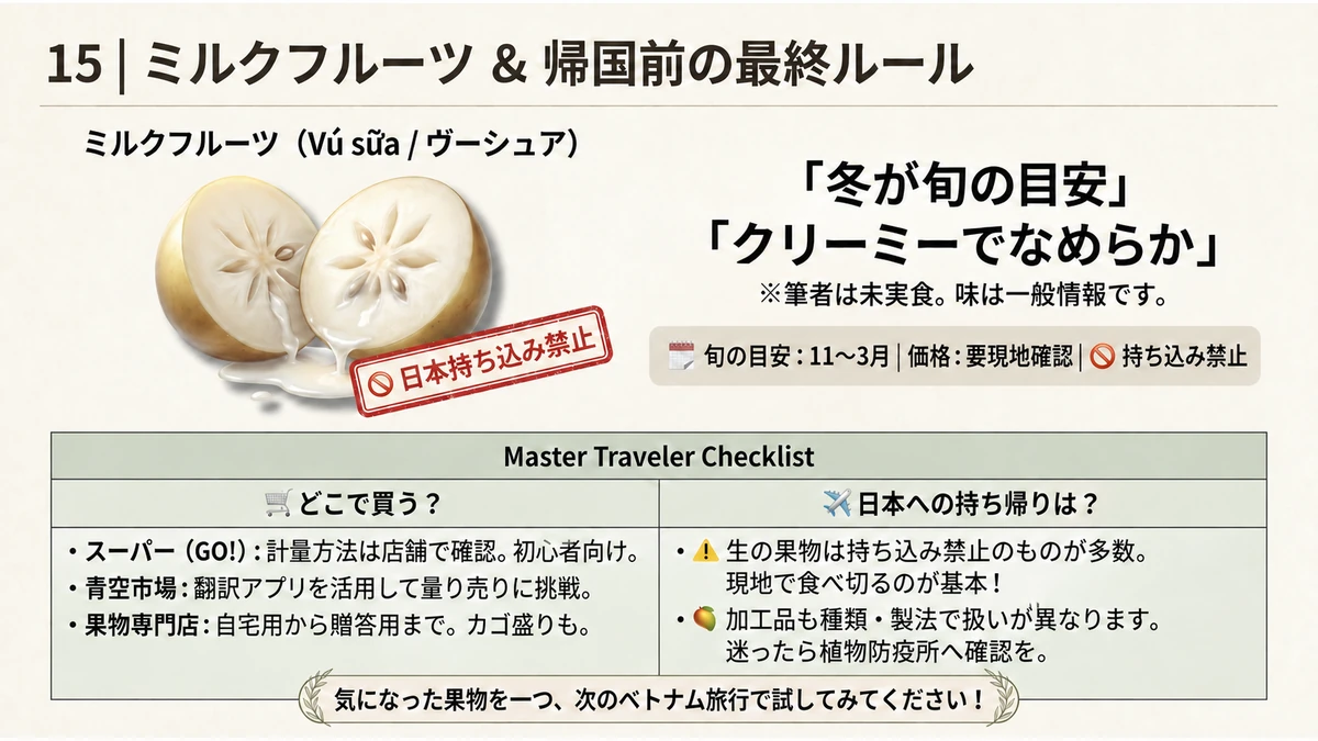 ベトナムのミルクフルーツの旬、価格、味わいと果物選びのチェック項目を紹介する図