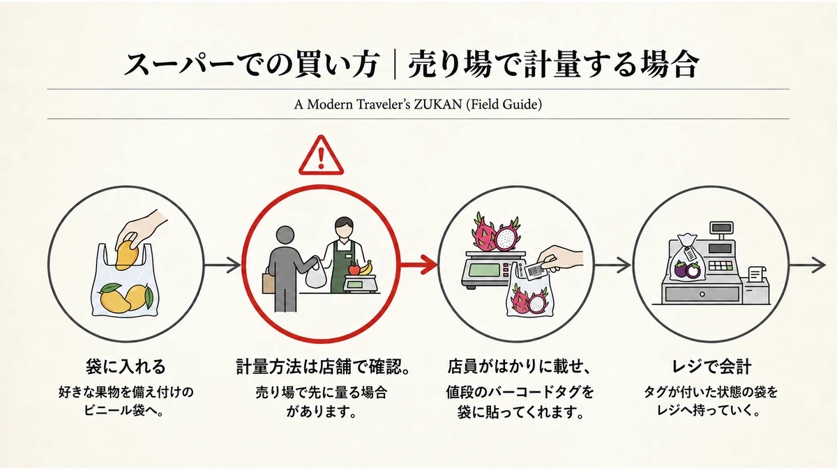 ベトナムのスーパーで果物を袋に入れ、売り場で計量し、レジで会計する流れ