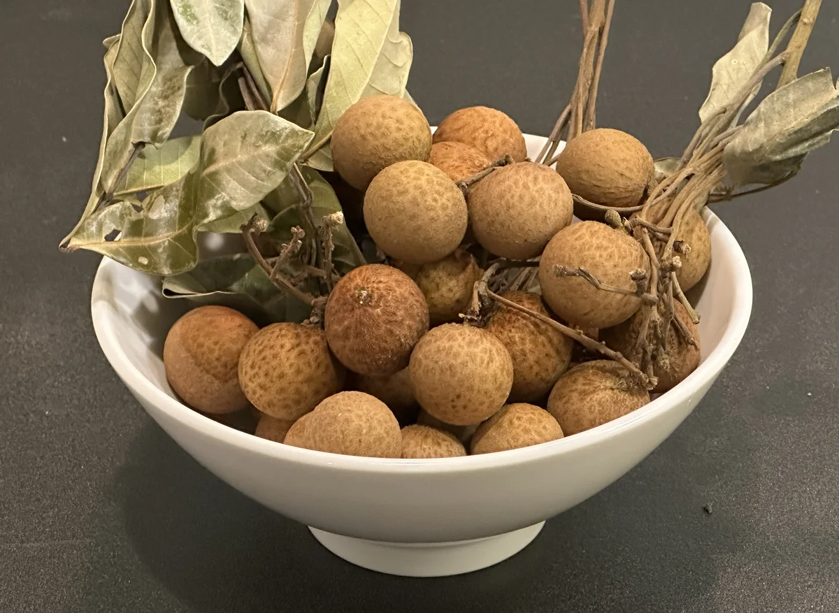 枝と葉が付いたまま器に盛られたロンガン