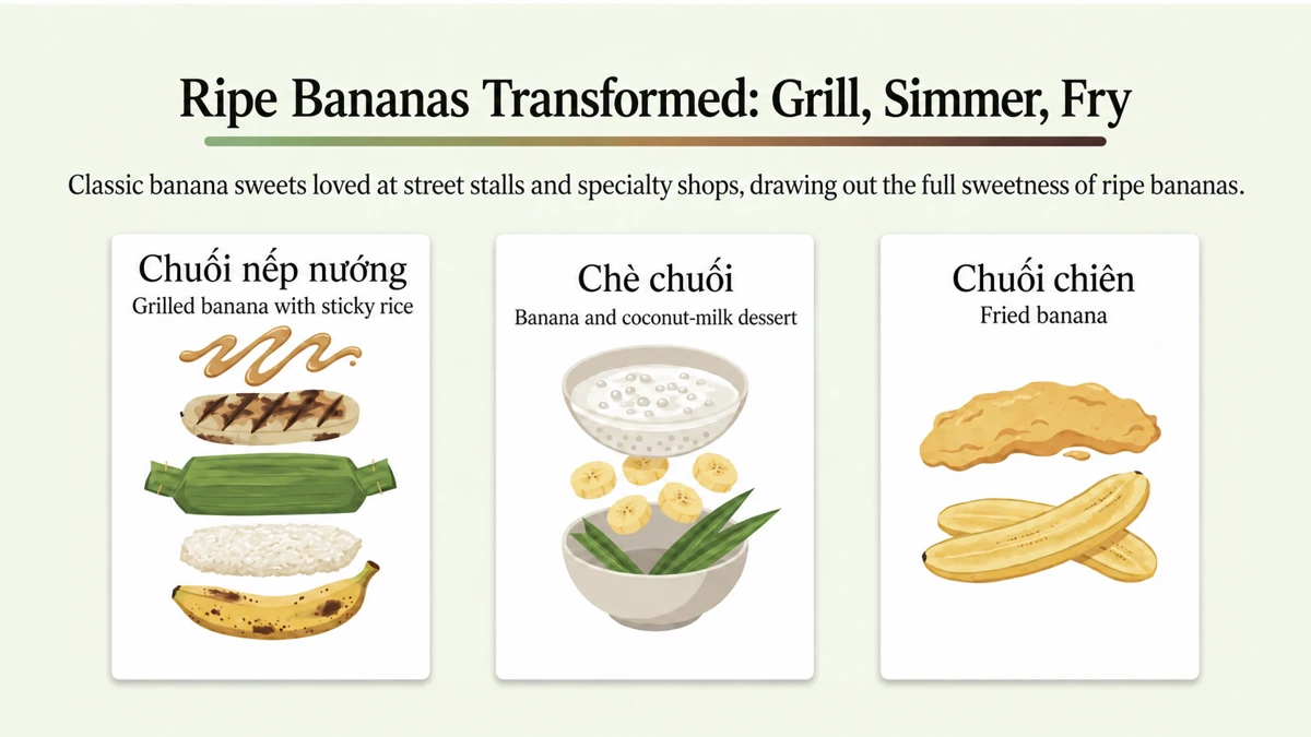 Ripe bananas transformed by grilling, simmering and frying into popular street sweets.