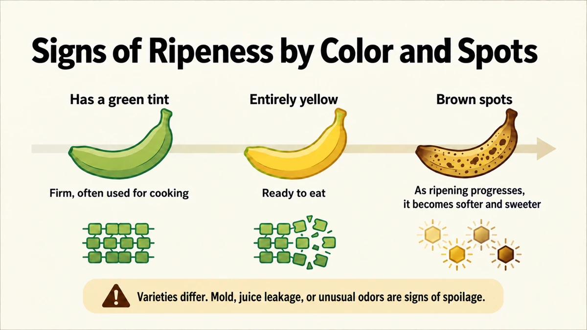 Color and spots are ripeness clues. Also check cultivar differences and spoilage signs such as mold, leakage and unusual odors.