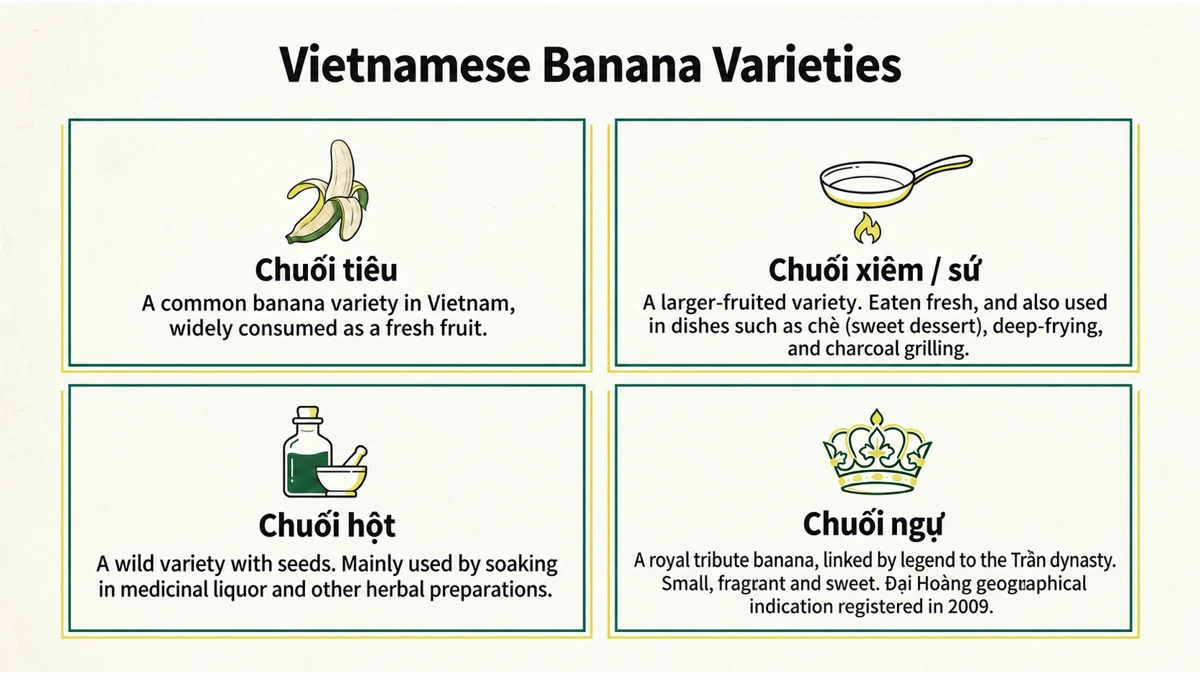 Four Vietnamese banana types, with different uses and cultural associations.