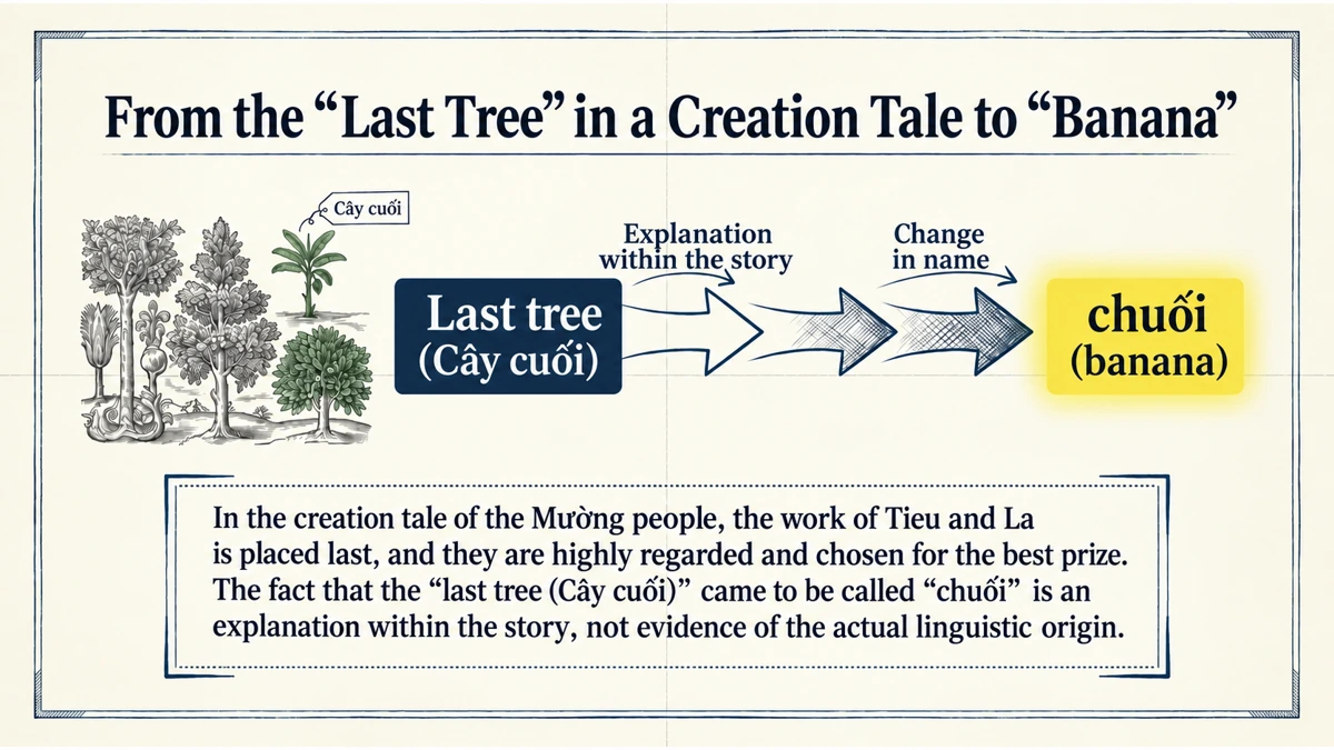 The change from Cây cuối to chuối belongs to a fictional story, not proof of the real etymology.