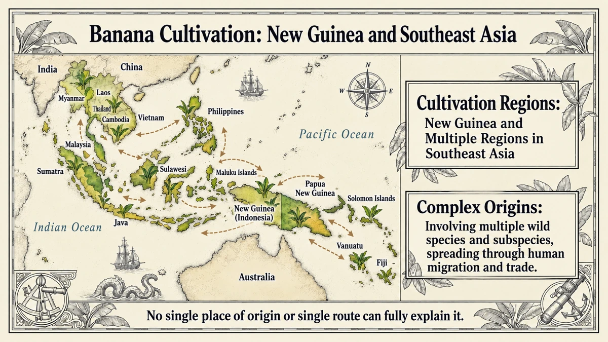 Edible bananas were domesticated in multiple regions of New Guinea and Southeast Asia.